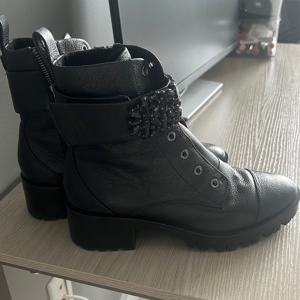 Karl Lagerfeld Paris Pippa Leather Block Heel Combat Booties